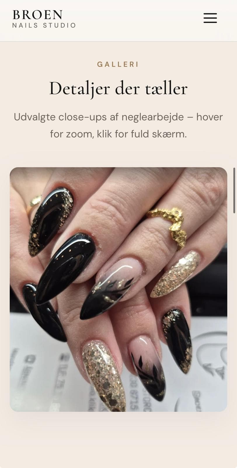 Broen Nails Studio — website på mobil